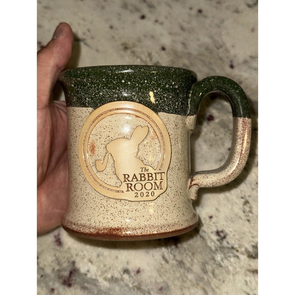 Rabbit Room 2020 Ceramic Mug  Beige Green Dip Sunset Hill Stoneware Rare 4in